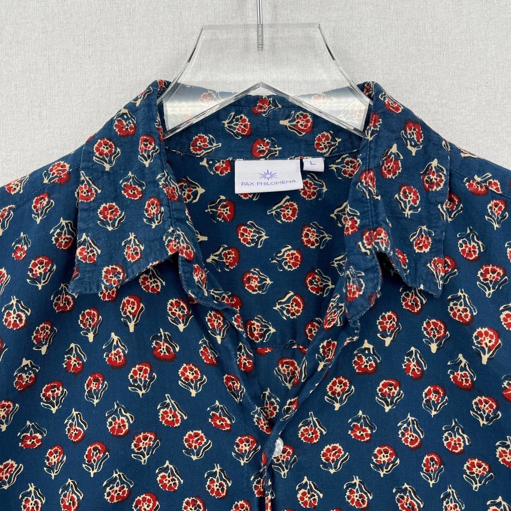 PAX PHILOMENA Shirt Men Button up Large Blue Block Print Maximillian Long Sleeve - Picture 5 of 12